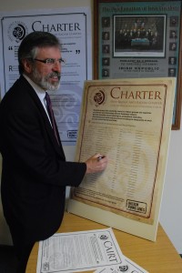 Sinn Fein's Westminster Election candidate Gerry Adams MP signs Anti Racism Charter